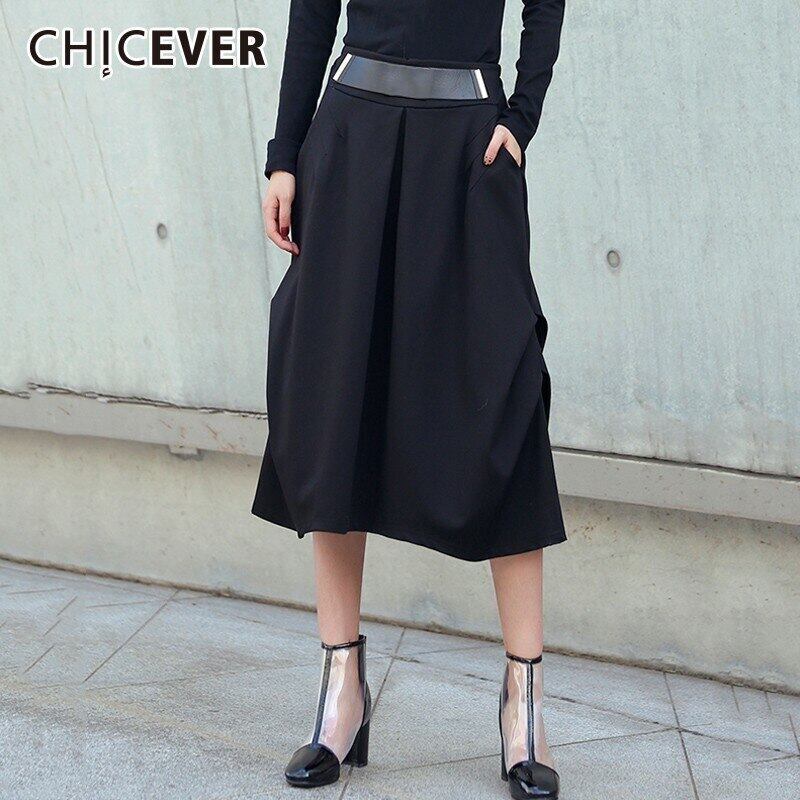 CHICEVER秋冬スカート女性伸縮性ウエストルーズ特大黒人女性ミディスカート服 ブラック エラスティック オータム 秋物 ウィンター 冬物 6base587970196273