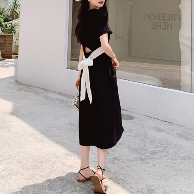 バックリボンAラインミモレ丈ワンピース　11016