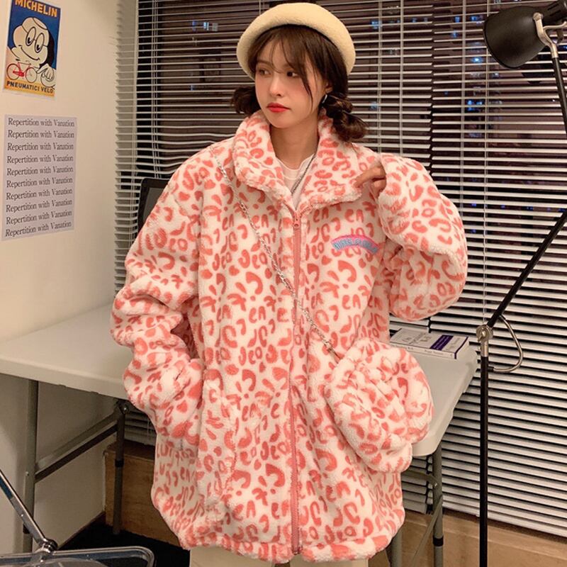 レオパードプリント柄ベルベットジャケット レッドウィンタールーズカラー ピンク コットン 冬物 YY-ファッション19166322979