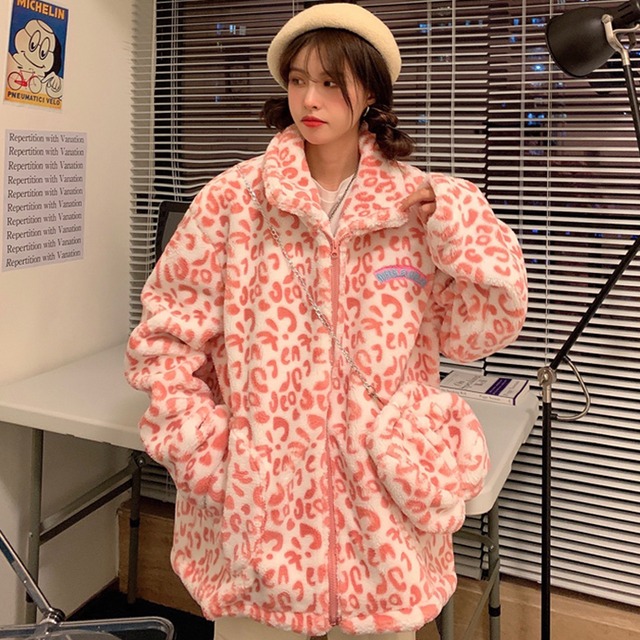 レオパードプリント柄ベルベットジャケット レッドウィンタールーズカラー ピンク コットン 冬物 YY-ファッション19166322979