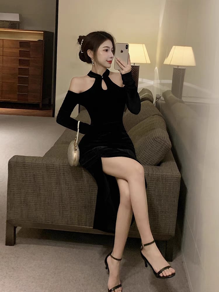 【新作】【送料無料】 フレンチレトロスタイルブラックベルベットドレス女性のための春の気質社交家の宴会ドレススリムスリットリトルブラックドレス 0289756765322