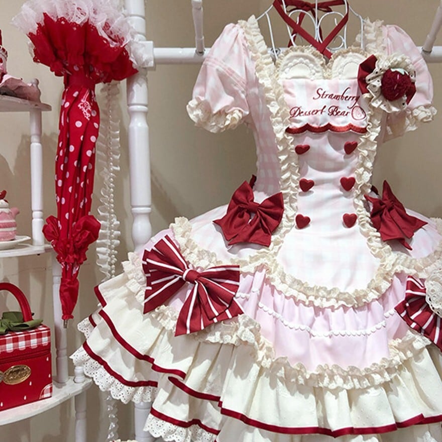 ストロベリー ロリータ いちご 甘ロリ クラロリ ワンピース ブラウス 甘ロリ ワンピース いちごモチーフ フリルリボン ピンク×レッド お茶会
