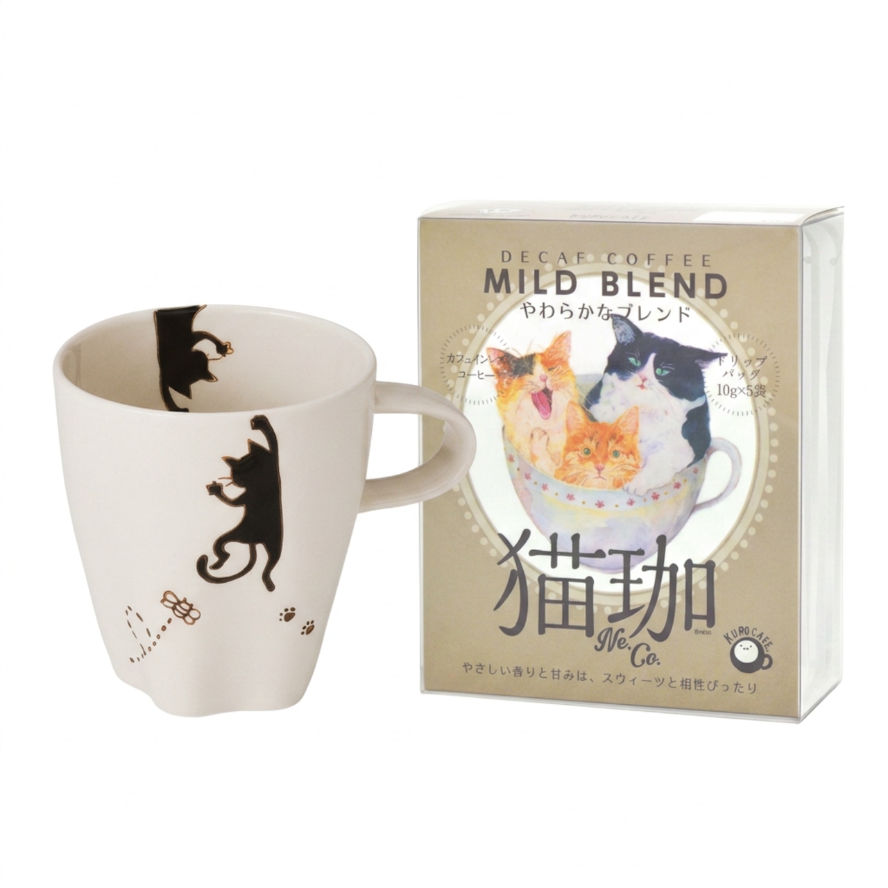 カフェインレス【猫の朝カフェ】軽量マグ コーヒー マイルドブレンド ドリップ5P 波佐見焼 クロネコのマグカップ