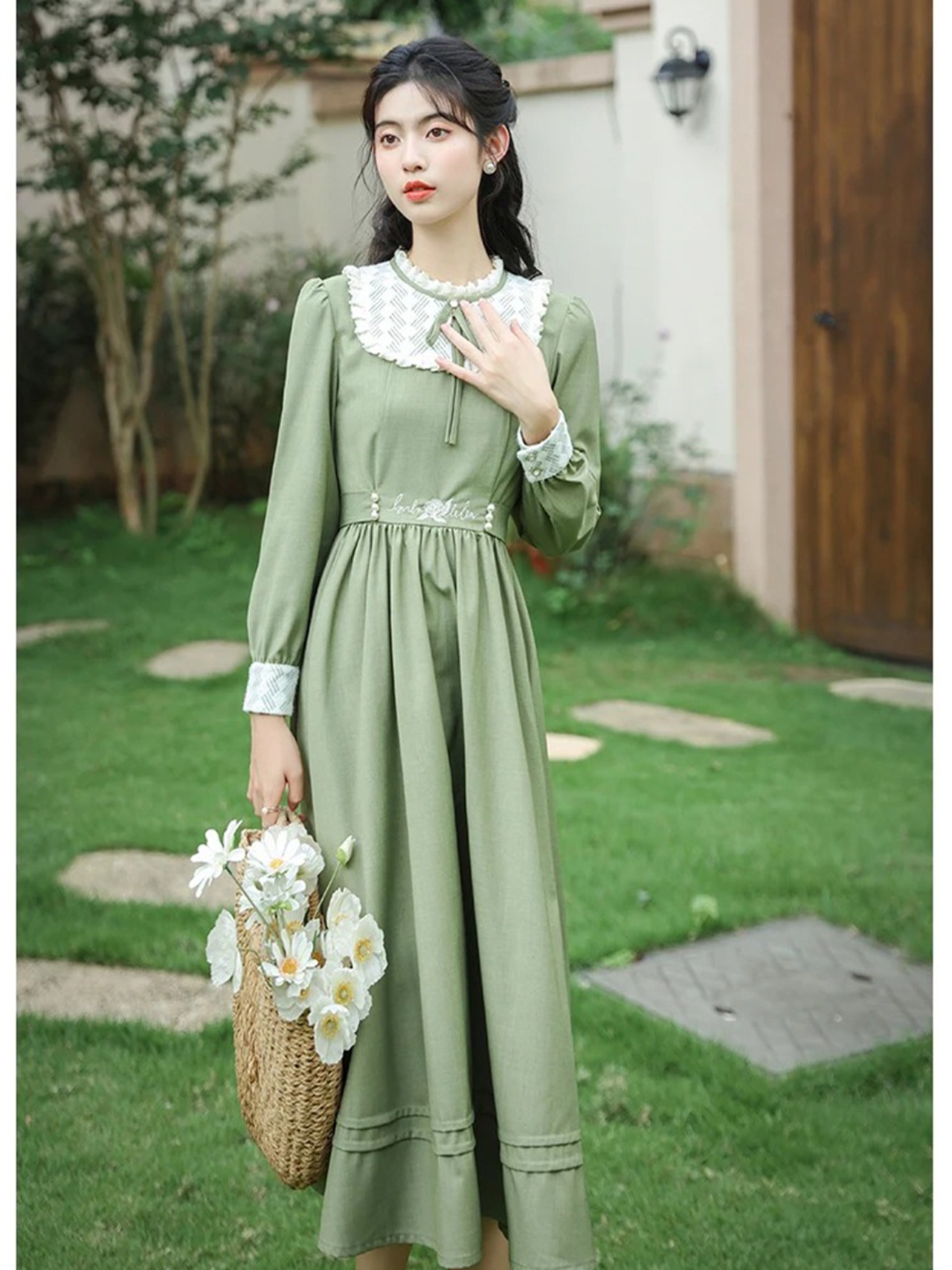 【0168】West Point Green Cotton Long Sleeve Dress