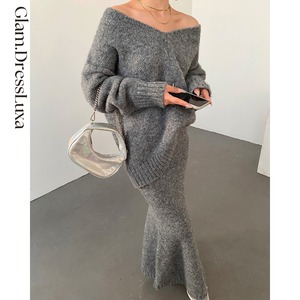 loose Vネック ニットセットアップ/2color_ST17