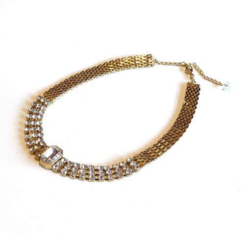 80s Vintage clear rhinestones gold choker necklace