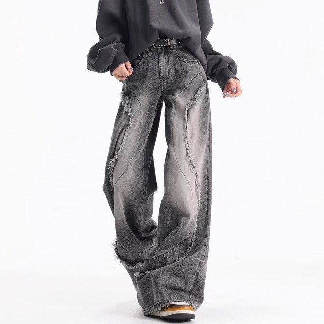 フリンジステッチラインワイドシルエットデニムパンツ 2col   R01872