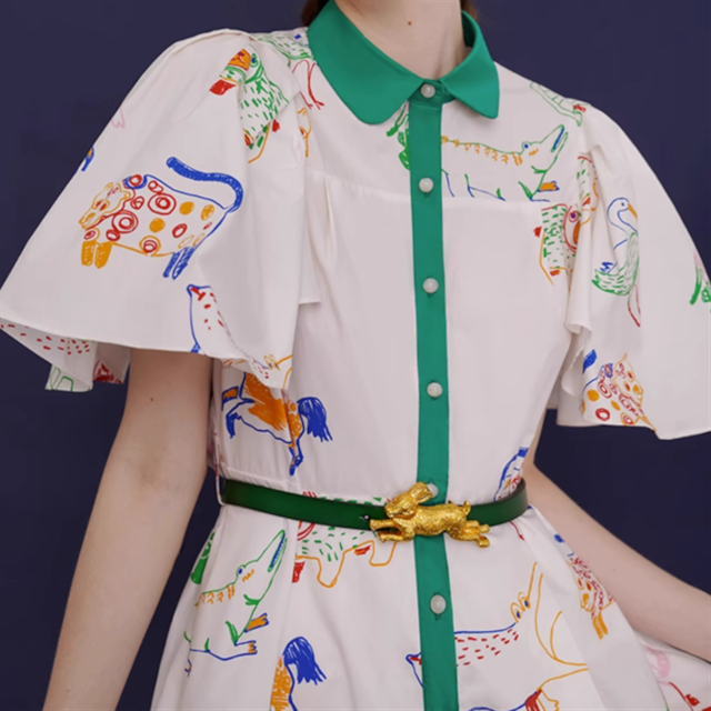 【Camoooni】手書き風アニマルイラストフレアワンピース 10565