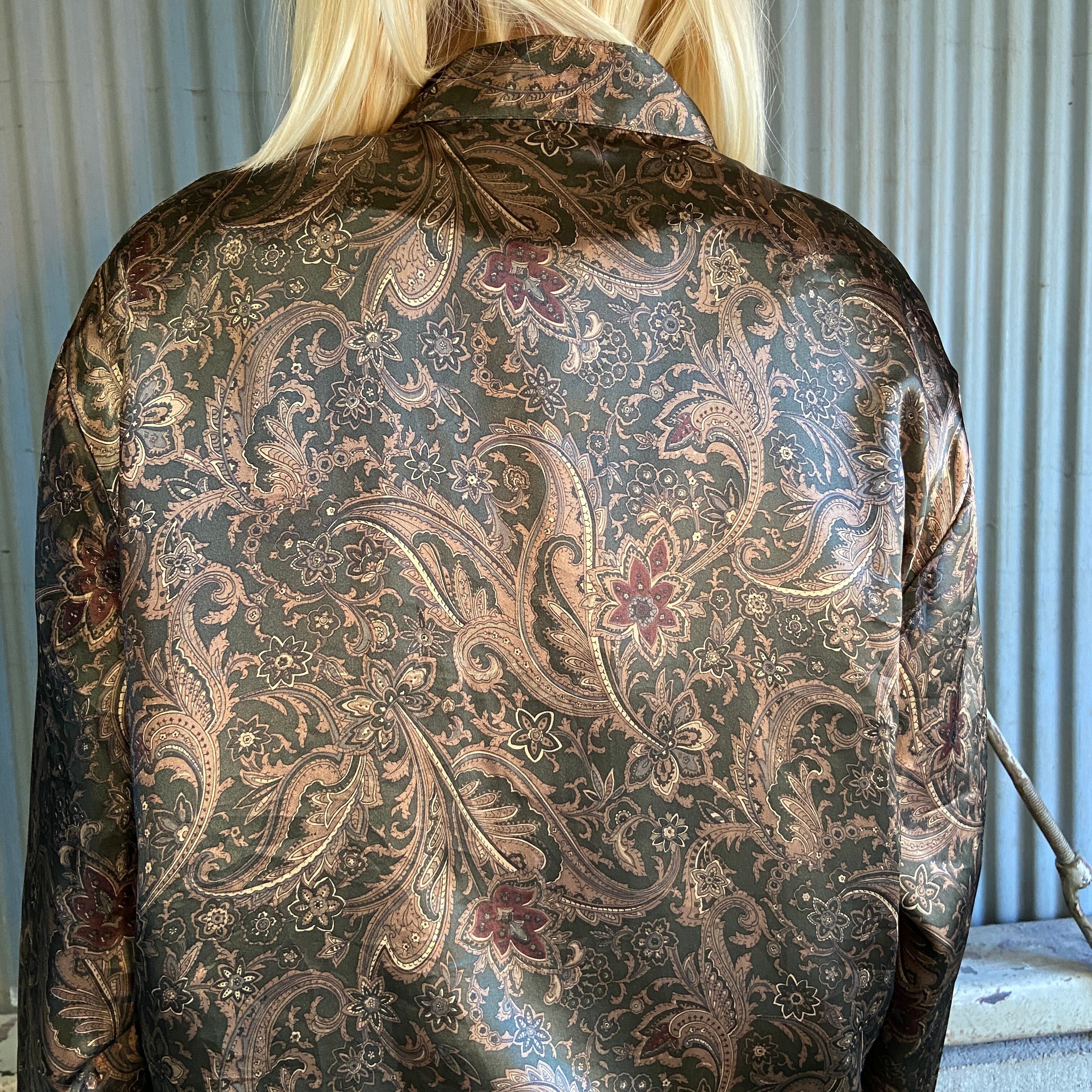 ペイズリー柄 スタンドカラー 長袖 総柄 シルクシャツ メンズL相当 