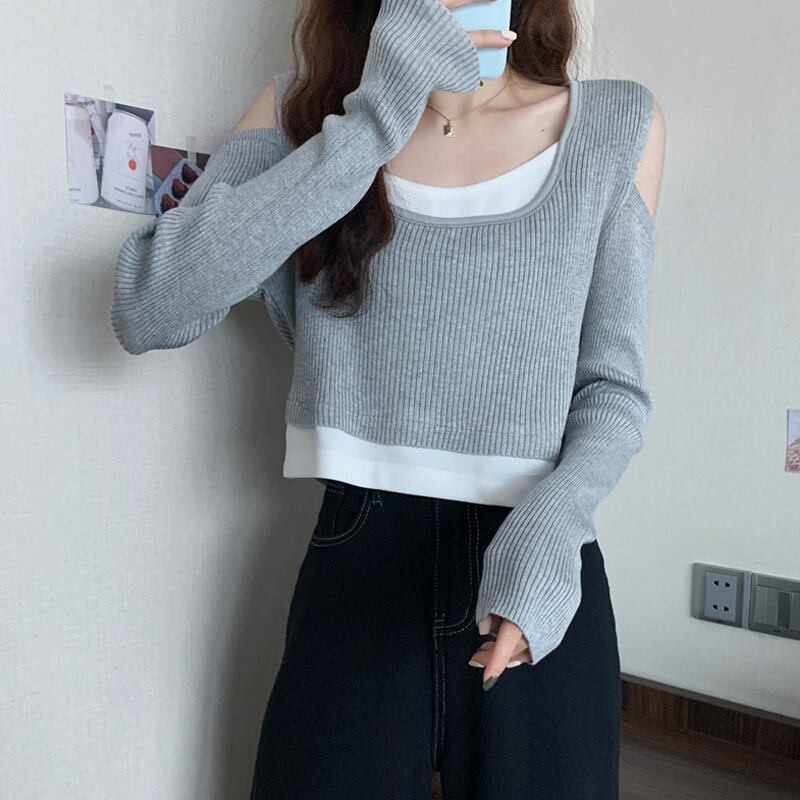 スプリングスタイルスリムトップス ショートシャツ Tシャツ レディース ロング 春物 オフショルダー 試着室17352044237