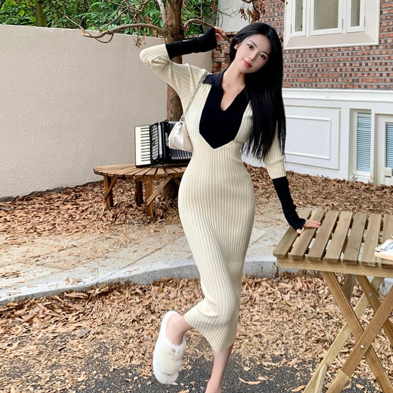 【dress】フェイクレイヤードニットワンピース Q7122