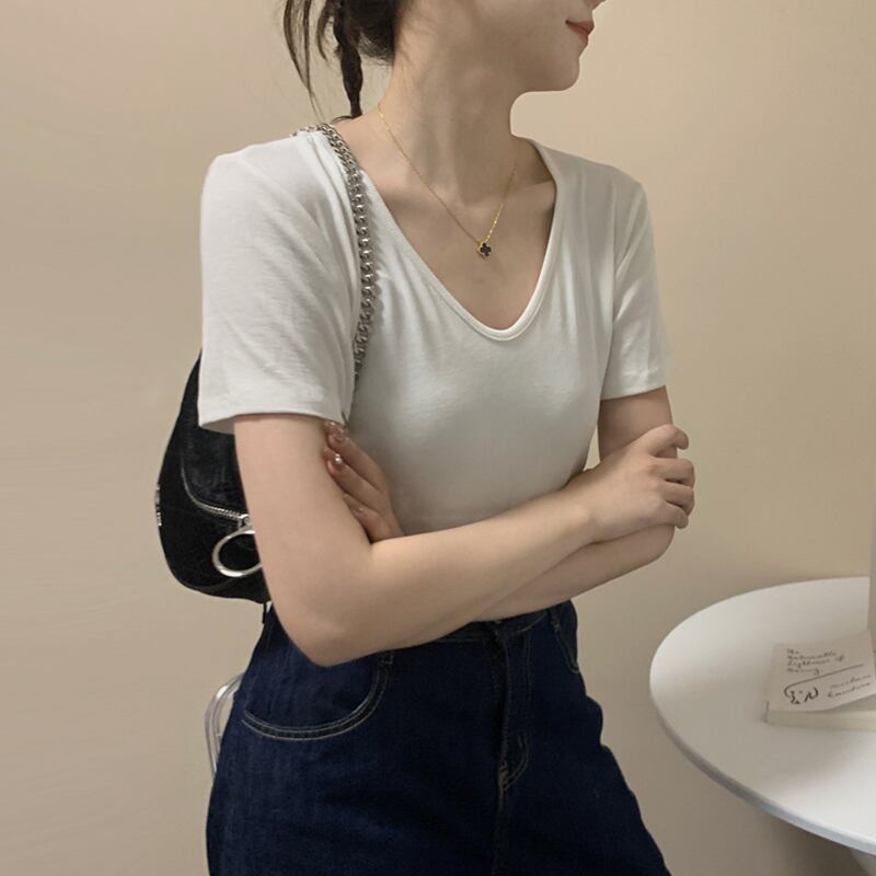 ホワイトTシャツ サマーレッドVネック 夏物 試着室64445042879