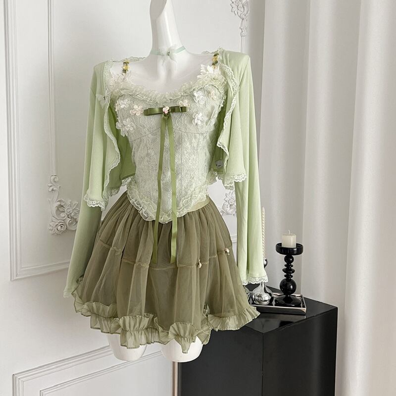 【set】レースドッキングカーデ×キャミソール×スカート3点セット M30907