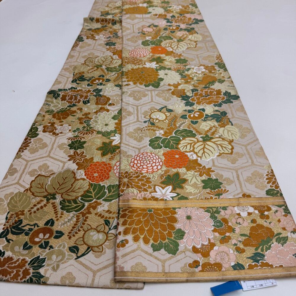 中古 丸帯 正絹 草花 全通柄 ゴールド Bランク 392cm 6264