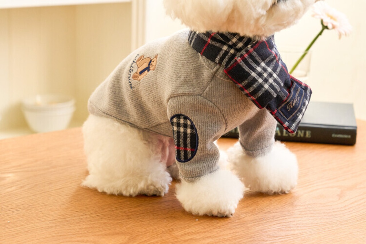 予約  【kiki&nini】Brownie Classic Check Poncho(ネイビー)+Classic Check Knit(グレー)set