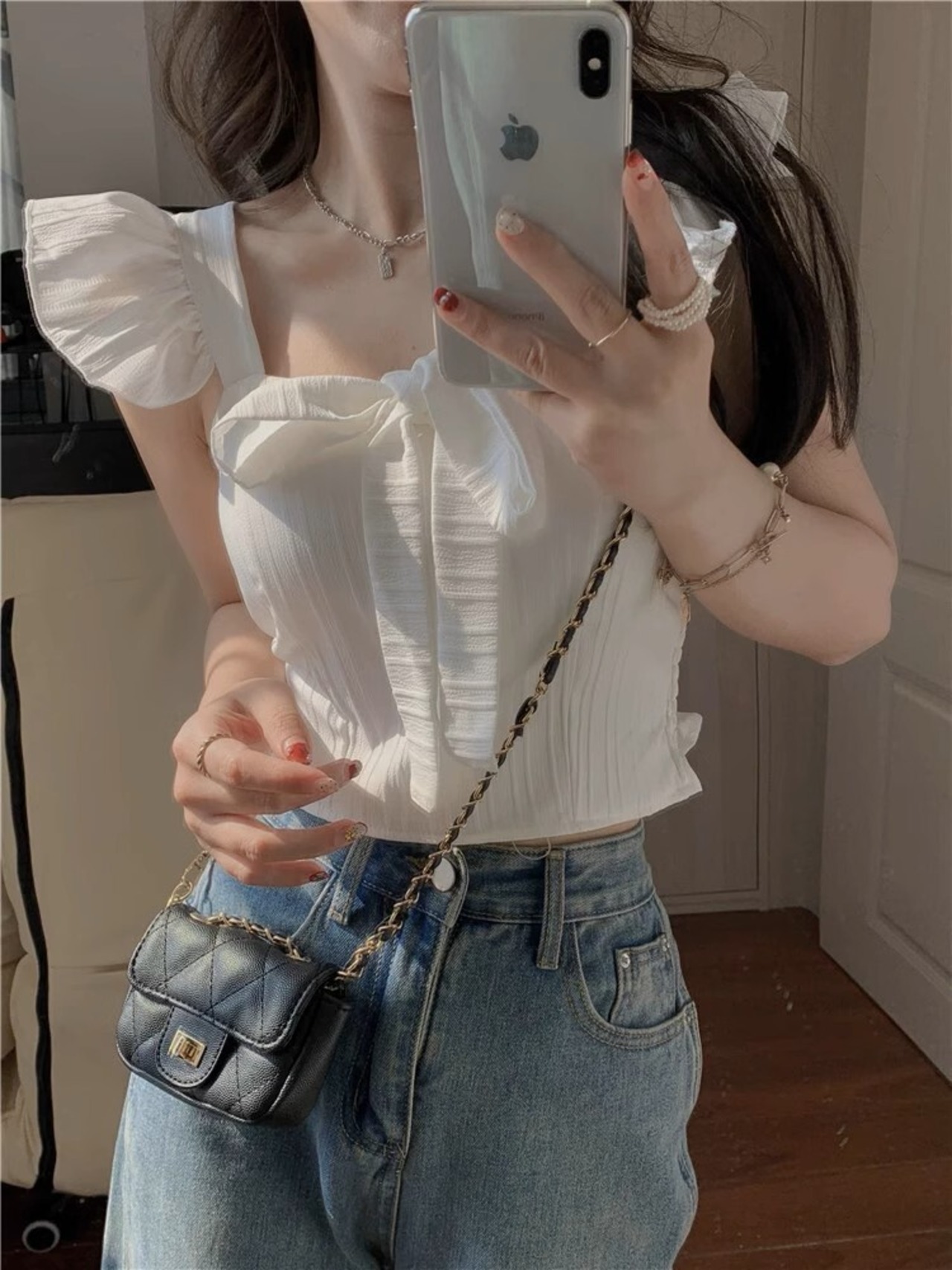 リボンショートトップス D1307