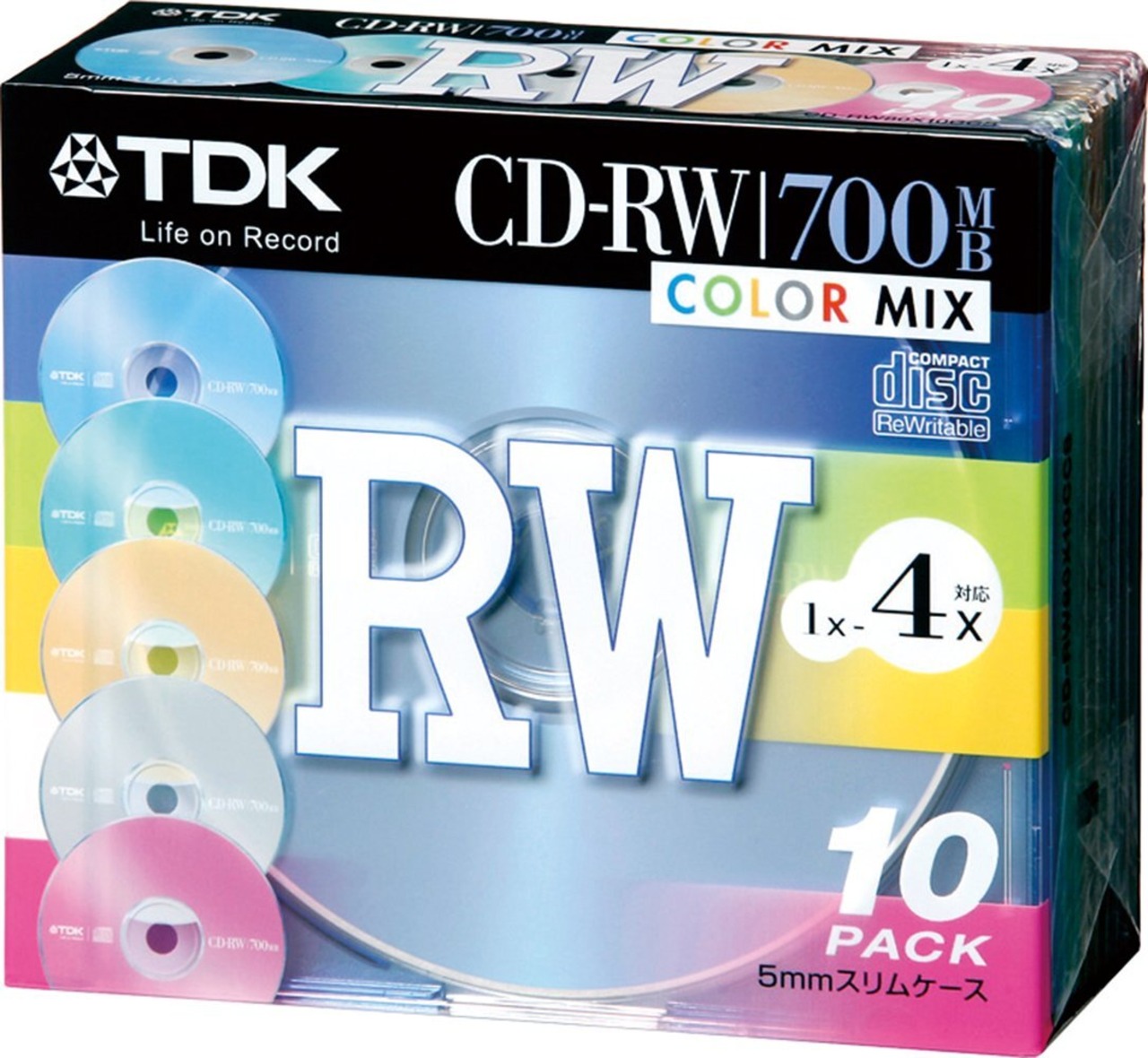 TDK CD-RWデータ用700MB 4倍速カラーミックス 5mm厚ケース入り10枚パック [CD-RW80X10CCS] | KSショップ