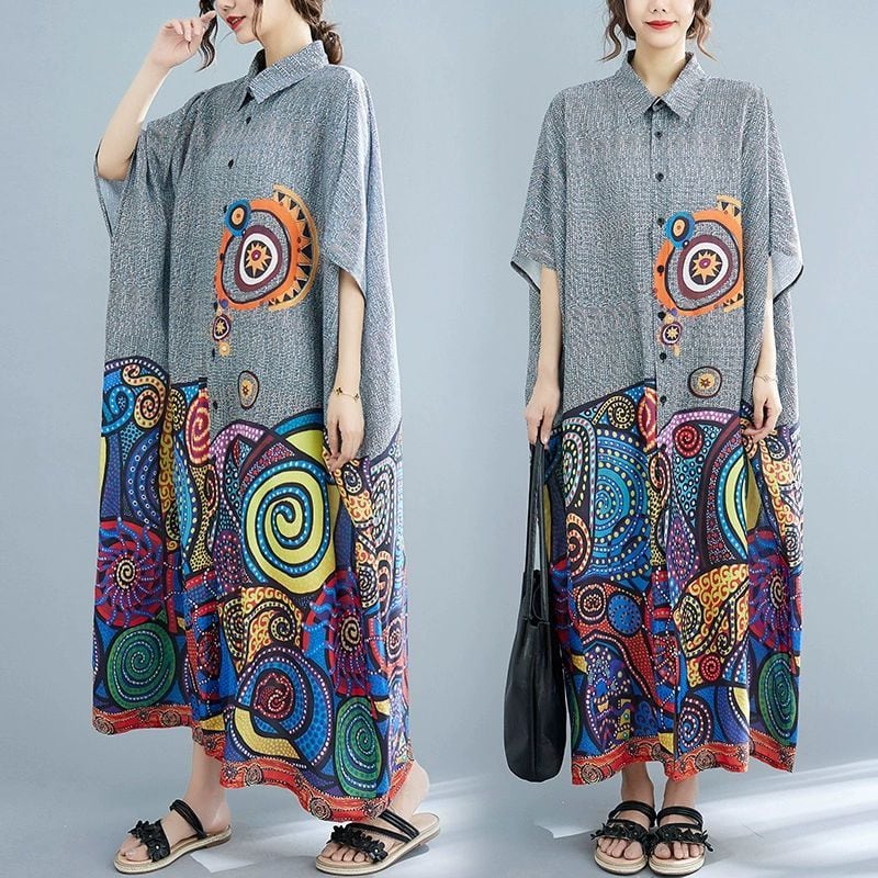 PRINT HALF SLEEVES WIDE LONG SHIRT DRESS 1color M-13773
