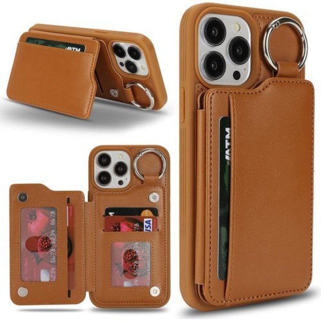 Havaya いphone14Pro Max ケース iPhone 14 Pro Max ケース カード収納 リング付き キーホルダー キーリング 米軍MIL規格 財布 スタンド機能 耐衝撃 フェイクレザー-ブラウン 2860