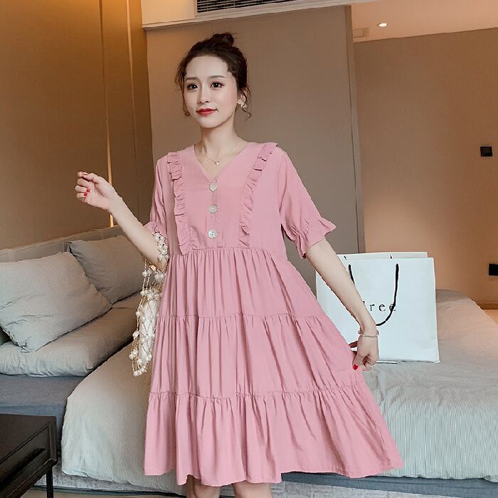 【新作】【送料無料】 マタニティウェア2020夏の新しい綿とリネンのステッチVネックドレススタイルミドル丈ファッションマタニティドレス年齢の削減 コットン サマー 夏物 expec251816409348