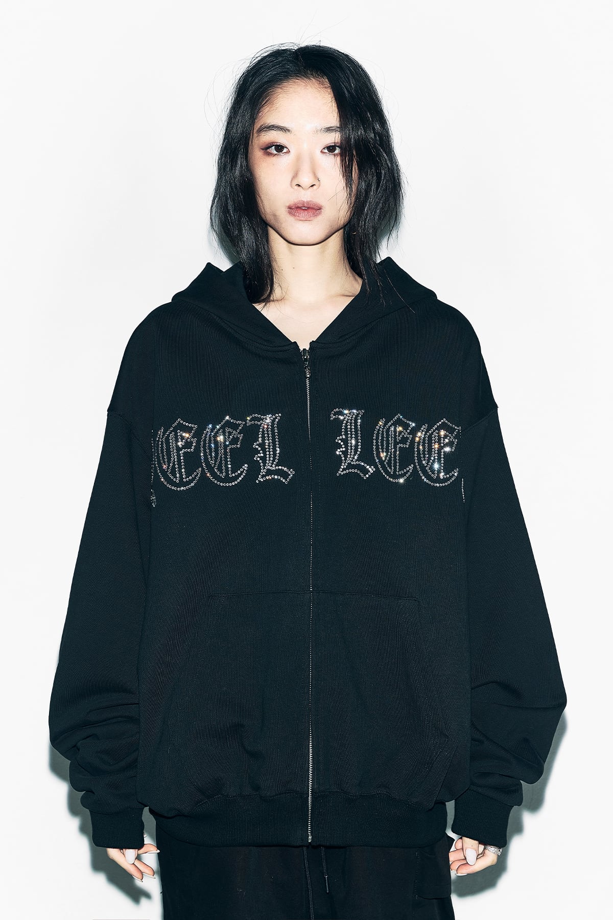 l.e.e.y] STUDDED ZIP-UP HOODIE OVERSIZED BLACK 正規品 韓国ブランド