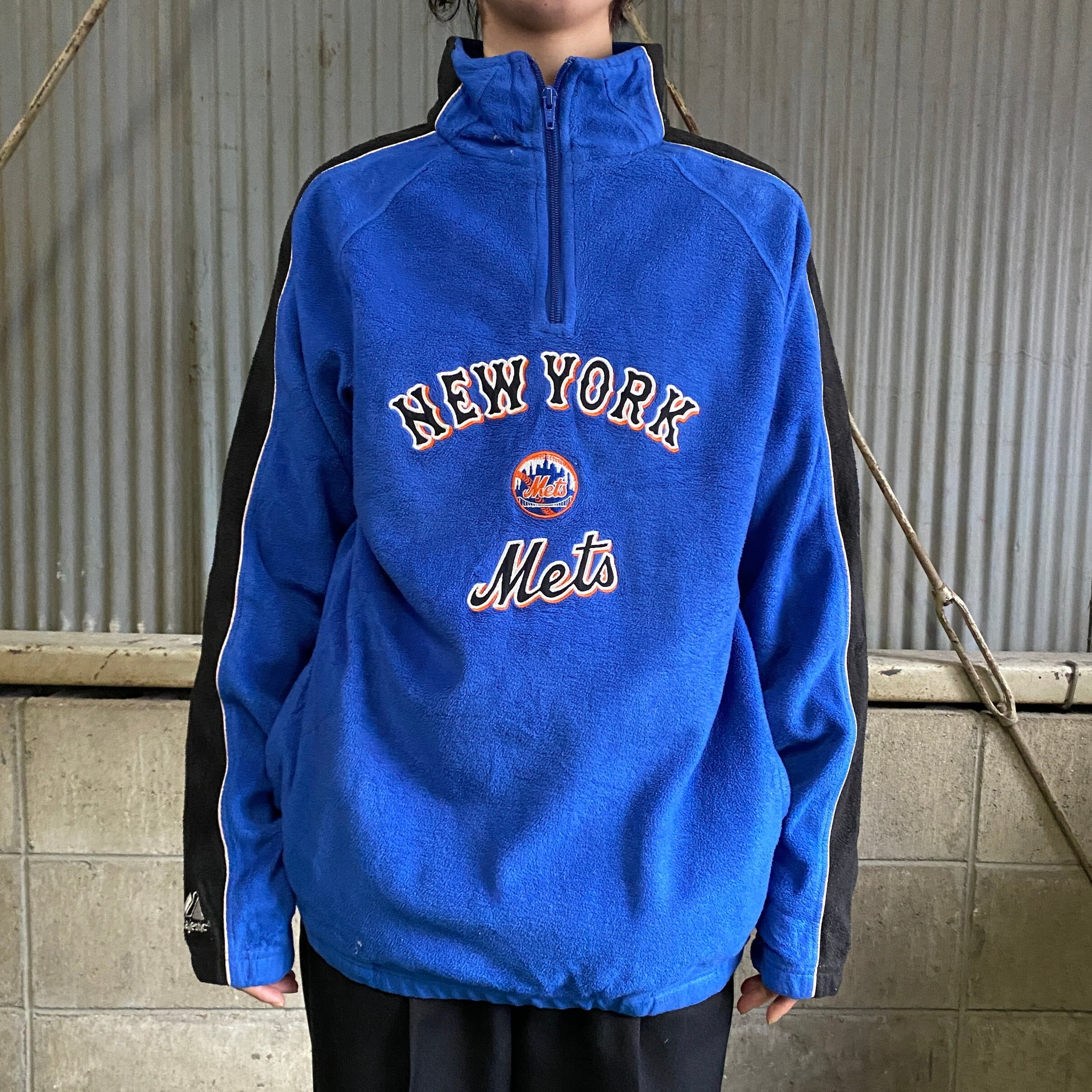 MLB ニューヨーク・メッツ ハーフジップ フリースジャケット メンズM相当 古着 チームロゴ刺繍 プルオーバー NEW YORK METS ブルー  青 ボーイズ企画14/16【フリースジャケット】【CS2301-50】 | cave 古着屋【公式】古着通販サイト