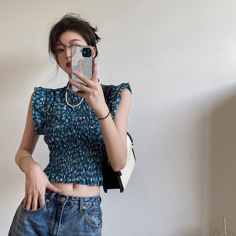 フローラルシャツ ノースリーブサマースタンダードショート薄手トップス レトロ 夏物 花柄 ブラックストロベリース48574462622