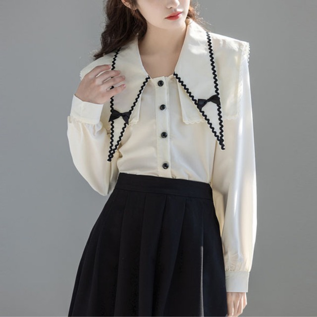 リボン ビッグカラー オフホワイト ブラウス_P7