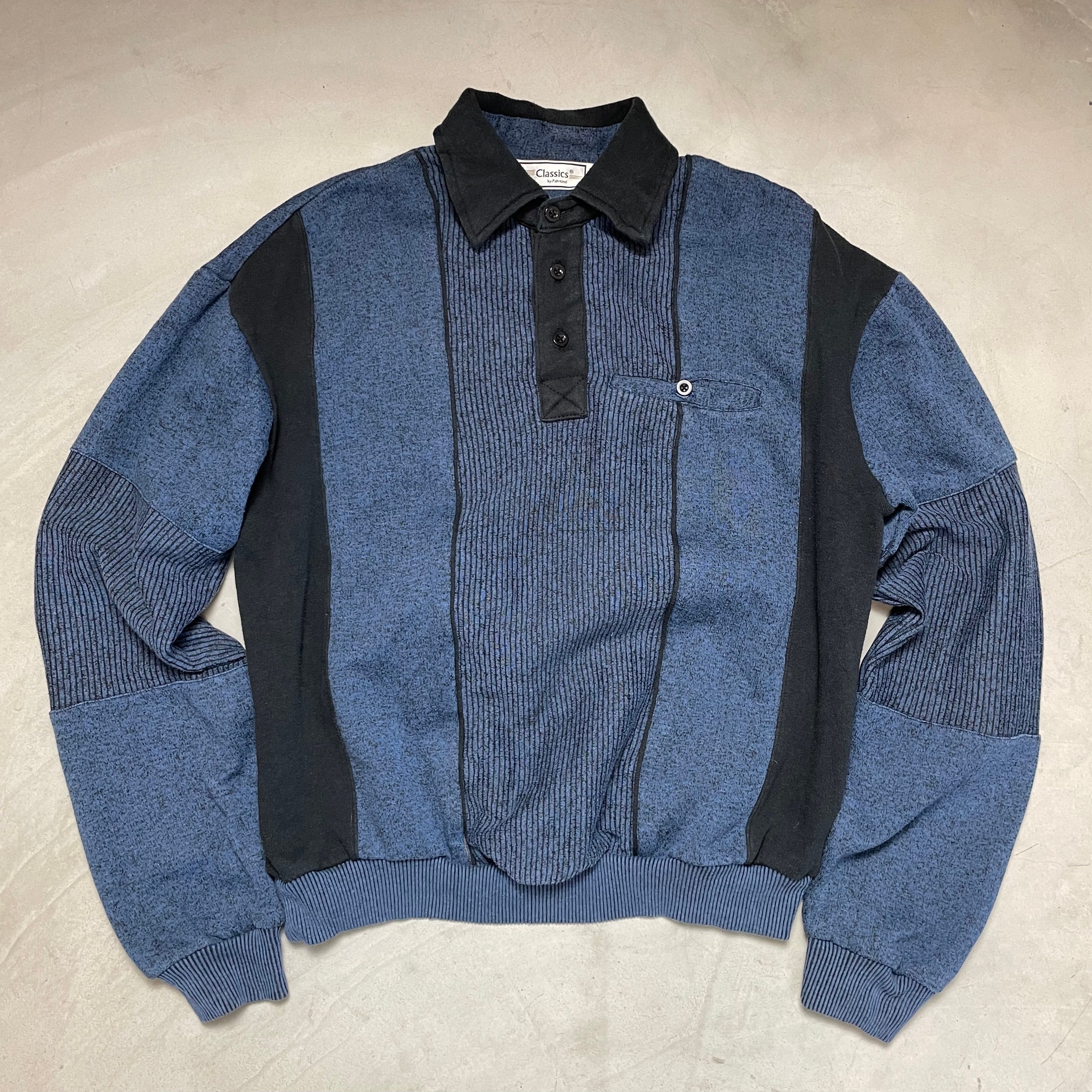 ハーフボタン 襟付き スウェットシャツ プルオーバー スウェット 90年代デザイン メンズ 古着 ブルー×ブラック ヴィンテージ ビンテージ【スウェット】