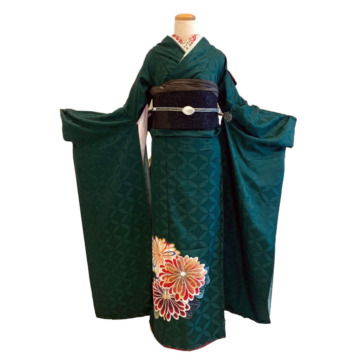 振袖 レンタル フルセット M〜Lサイズ 七宝文様 菊文様ワンポイント 緑地 【KIMONO梅千代】umefv-0057