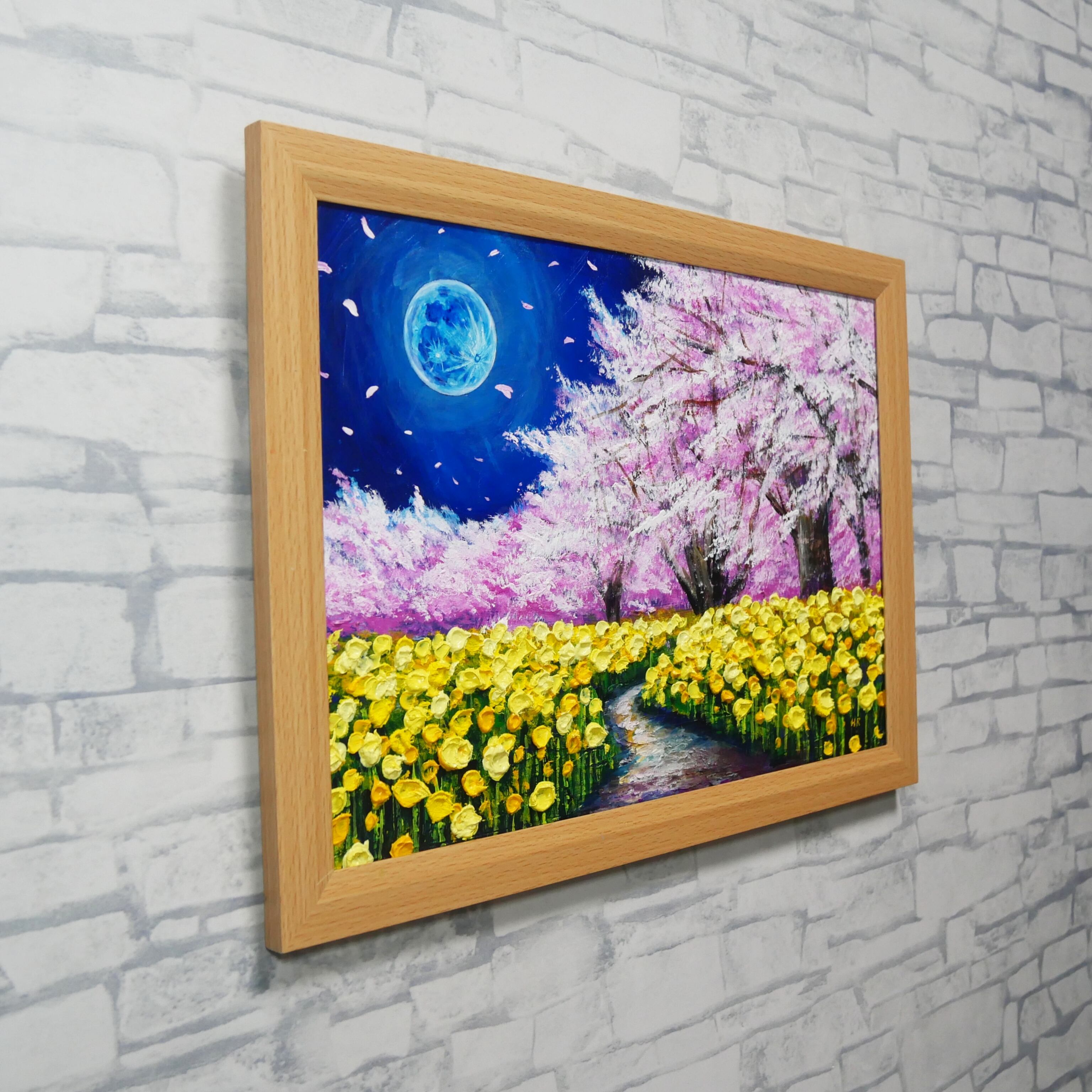 油絵静物画絵画インテリア　アート　春　作品 一点物アート】【心癒される春の夜：静寂を照らす月の光】油彩絵画