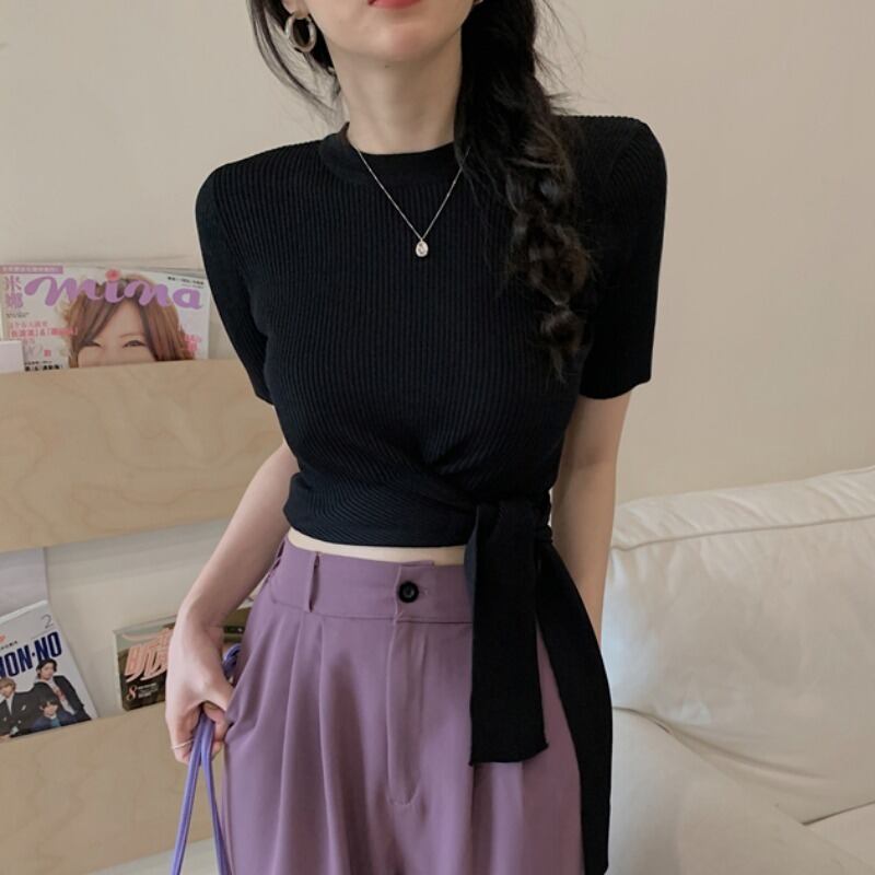 半袖Tシャツレディース2020年夏新バージョンのクロスタイニット薄手スリムスリミングボトミングシャツトップス 1号婦人75112067881