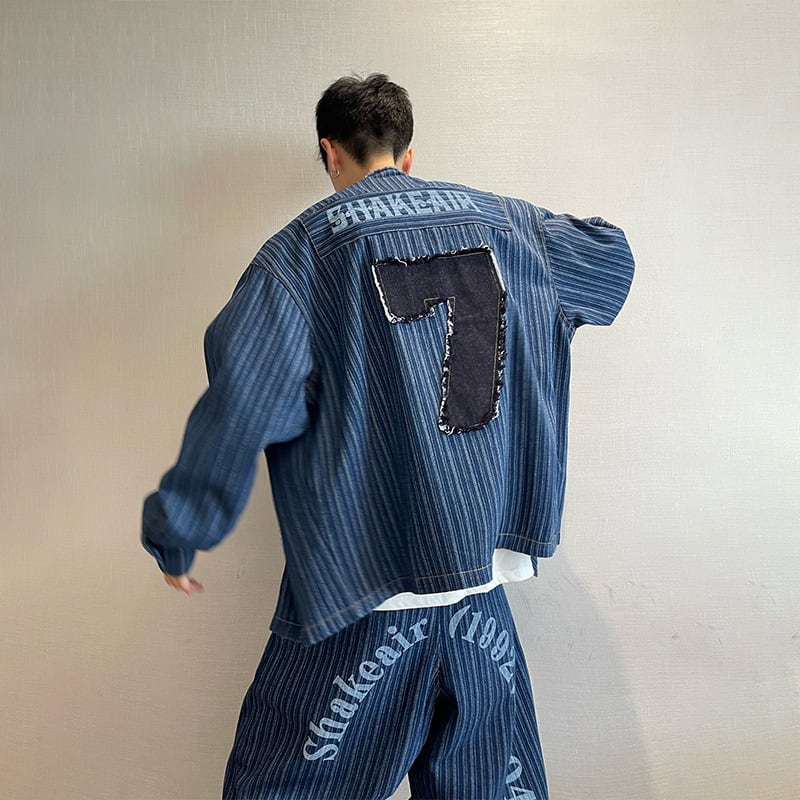 nowos デニムジャケット　Mサイズ dannyandzeeウォッシュノーカラー縦縞デニムジャケット | mblueshop