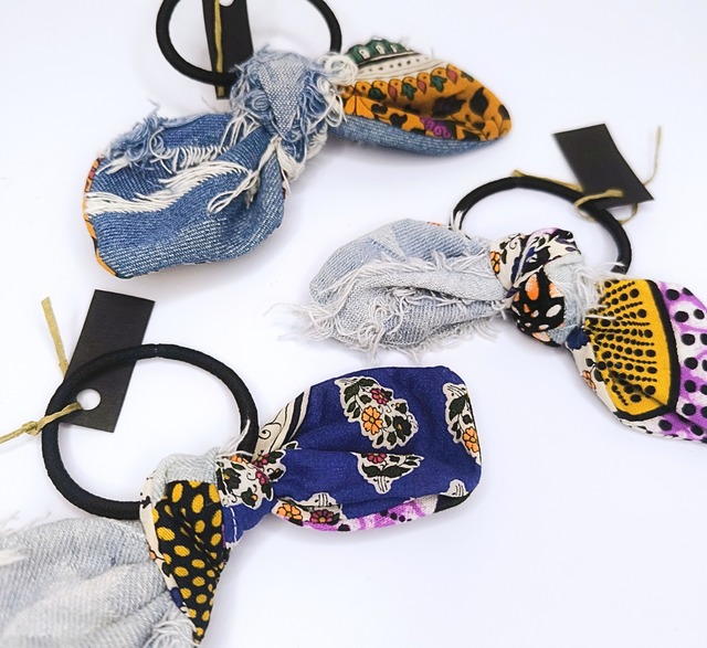 リボンヘアゴム デニムリメイク ヘアアクセ ［STW-175/176/177］