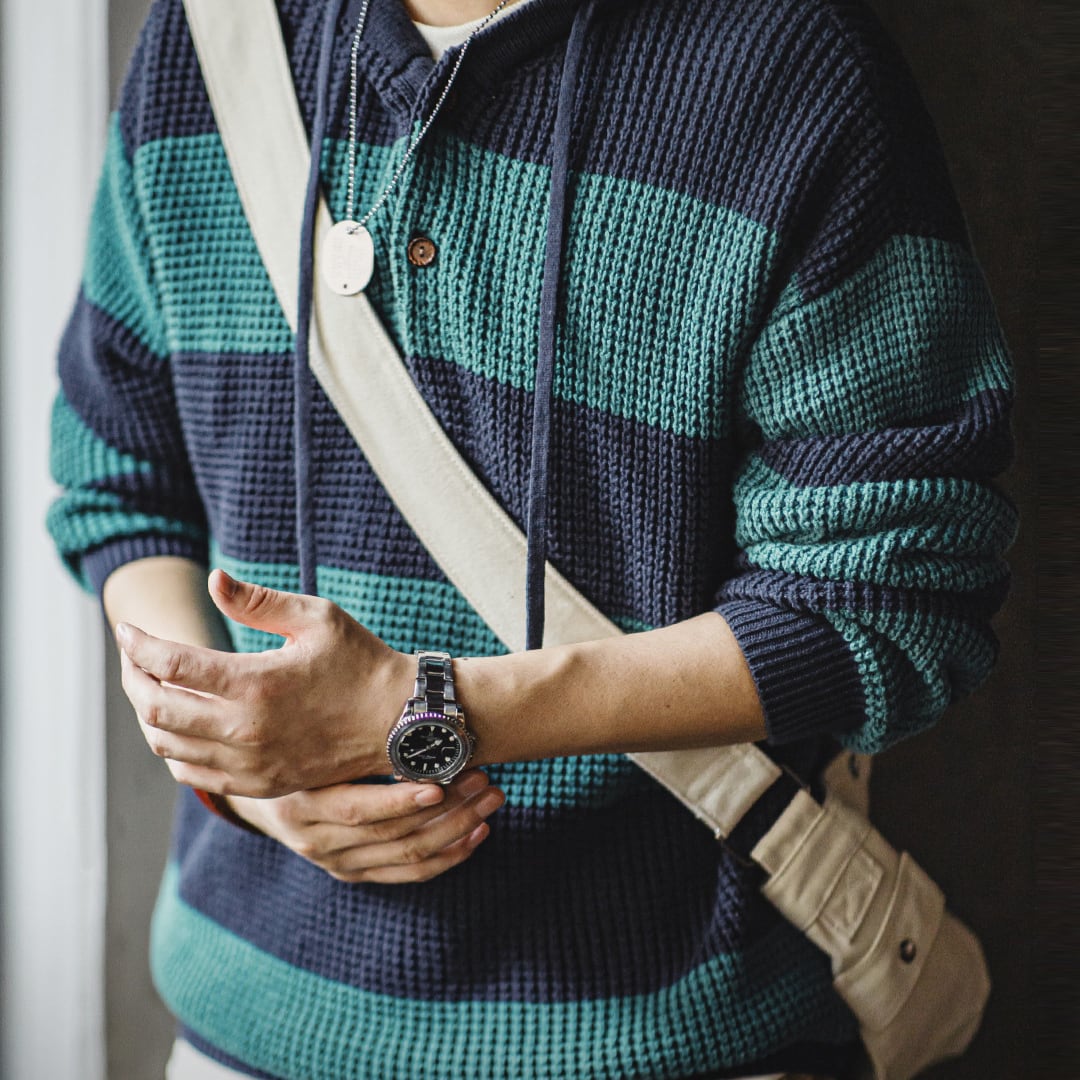 ストライプフード付きニットパーカーA18344