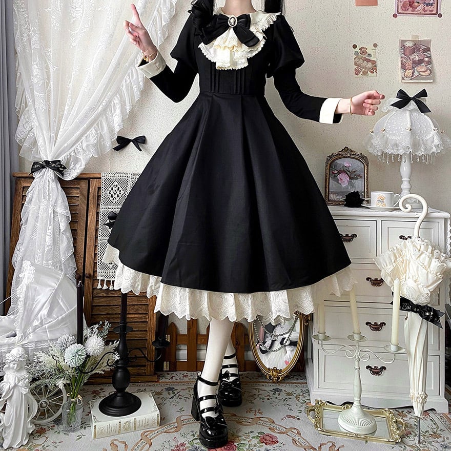 ワンピース フリルメイド服 長袖ワンピース クラシカル メイド服 エプロン リボン