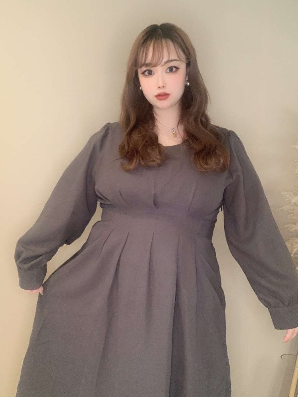 シーンに合わせた着こなしを楽しめる ウエストリボンロングワンピース Aライン 長袖 きれいめ フォーマル 大きいサイズ 韓国 CH3256