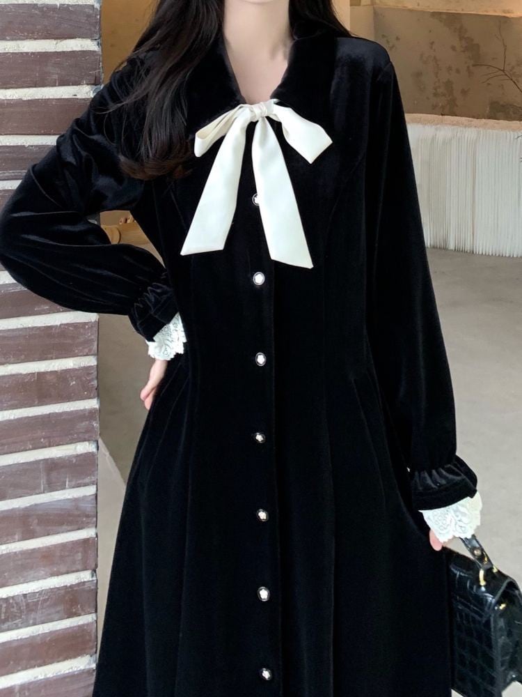 ベルベット素材で高見えコーデ ビッグリボンベルベットワンピース