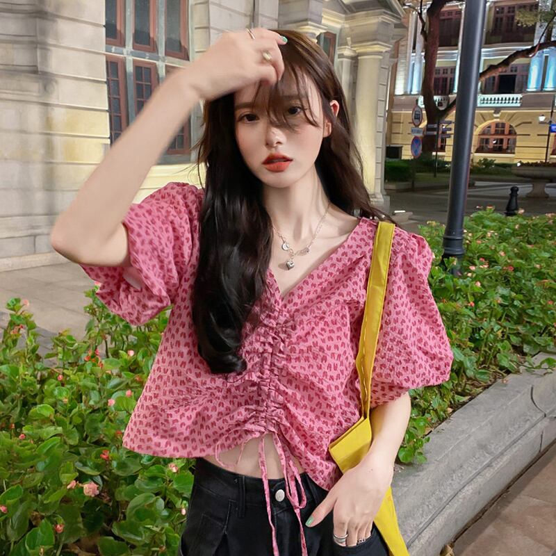 Vネックスリーブギャザーショートトップス ドレス サマーフローラルシャツ 夏物 花柄 スーパーモール14929558023