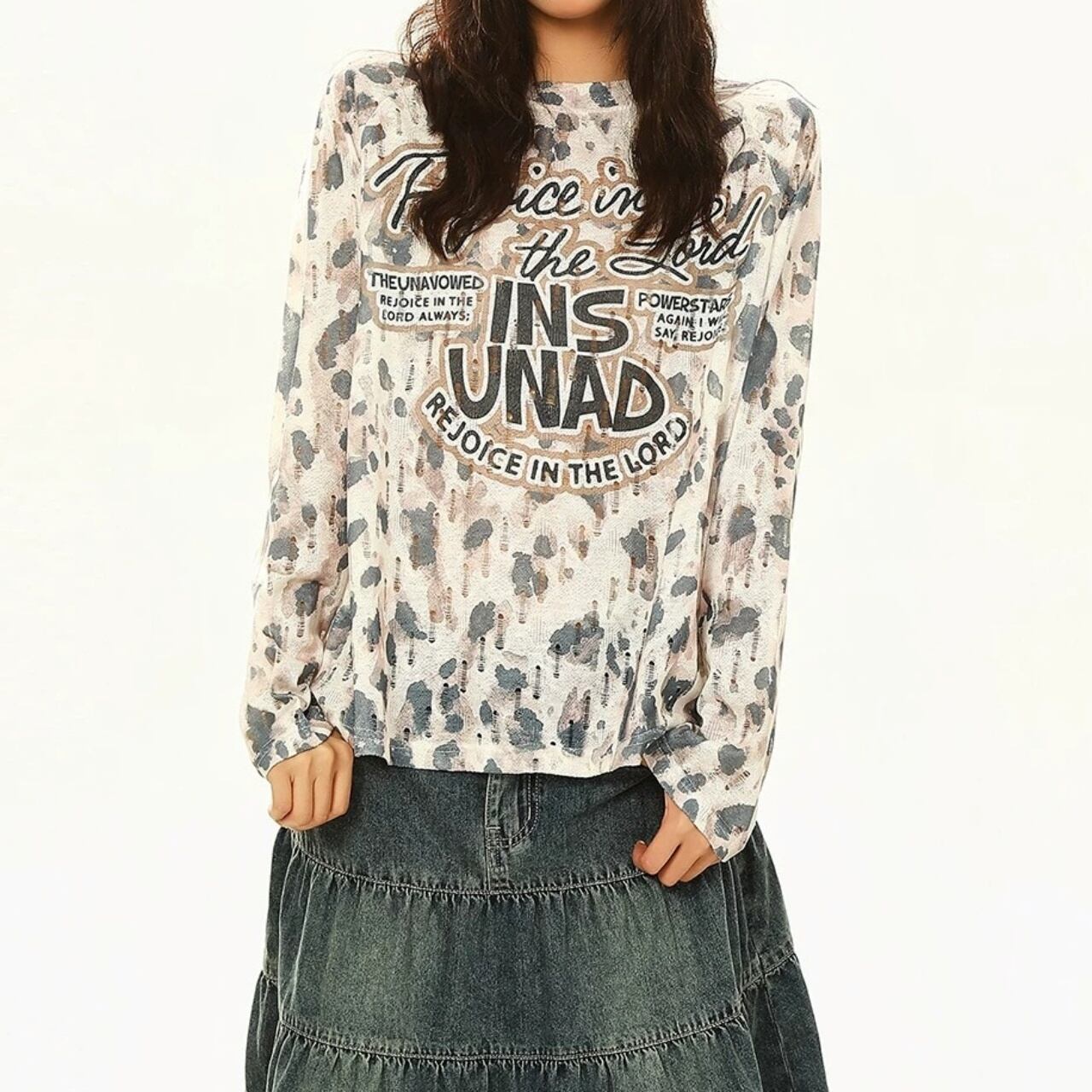レオパードパターンクラッシュロゴロングスリーブTシャツ 2col R02579