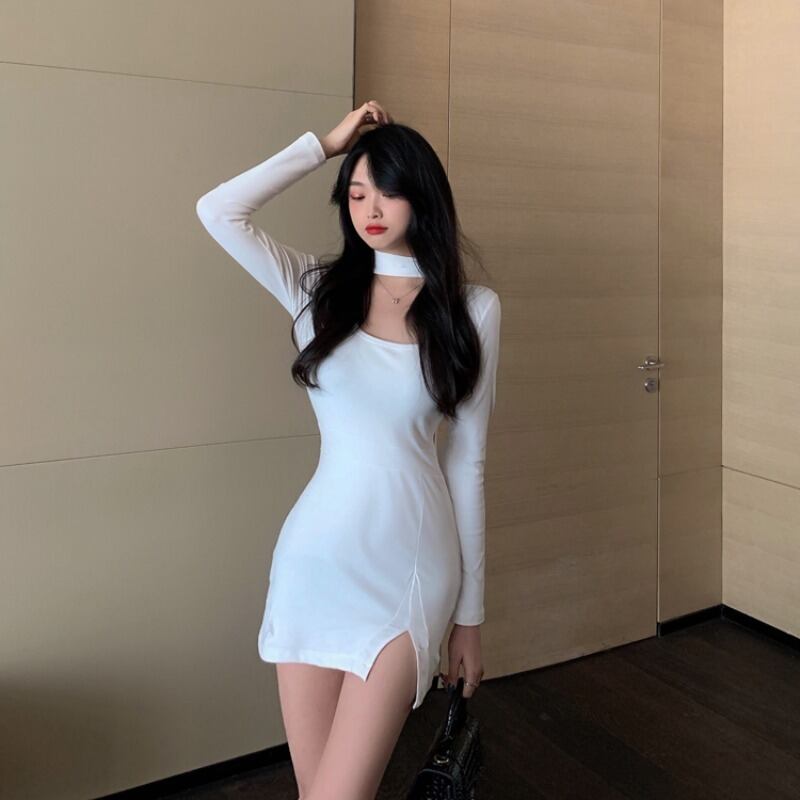 ホワイトドレス スリムショートスカート 長袖スリーブ ロング オータム 秋物 ウィンター 冬物 ブラックストロベリース24957605435