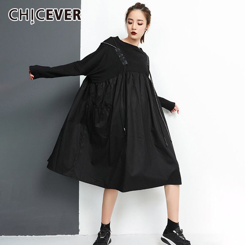 CHICEVERブラックドレス女性Oネック長袖ウエストサッシ特大ミディイレギュラードレス2020服 ロング 6base5403275364
