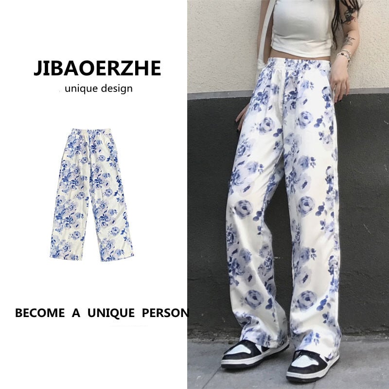 スタイルサマーワイドレッグパンツ スタンダードFlowerデザイン プリント柄 レトロ ストリート かわいい 夏物 ワイドパンツ フラワーデザイン ケッペル47488512980