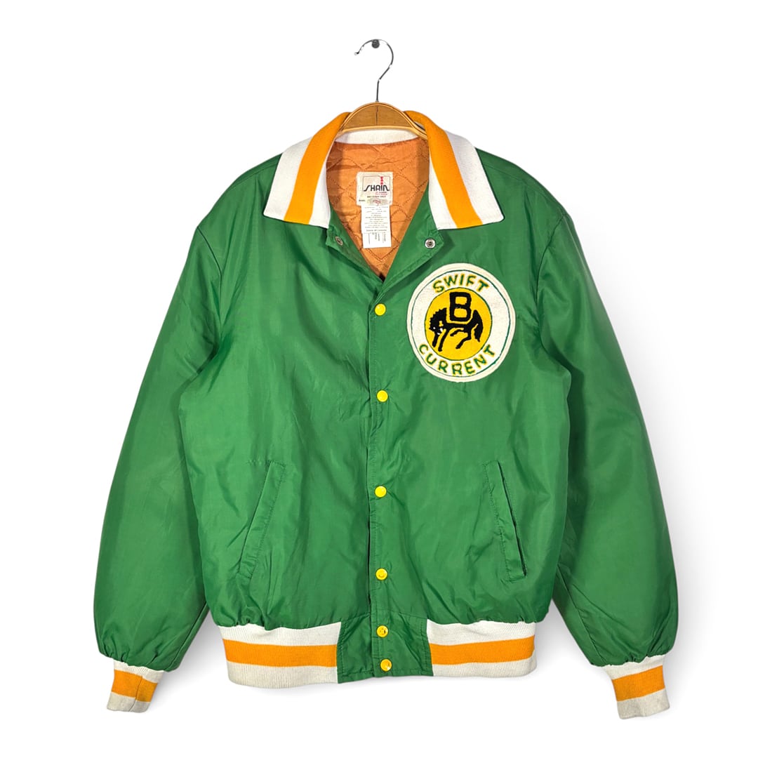 70s SHAIN カナダ製 ヴィンテージ スタジャン ナイロンジャケット ワッペン 中綿 グリーン サイズXL相当 古着 DZ0781