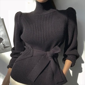 【送料無料】 ニットセーター  ウェストリボン  カジュアル系  大人可愛い  ハイネック・タートルネック  シンプルデザイン  きれいめ  レディースファッション  可愛い  暖かい  暖かコーデ   厚手生地  冬  お出かけ・女子会  長袖