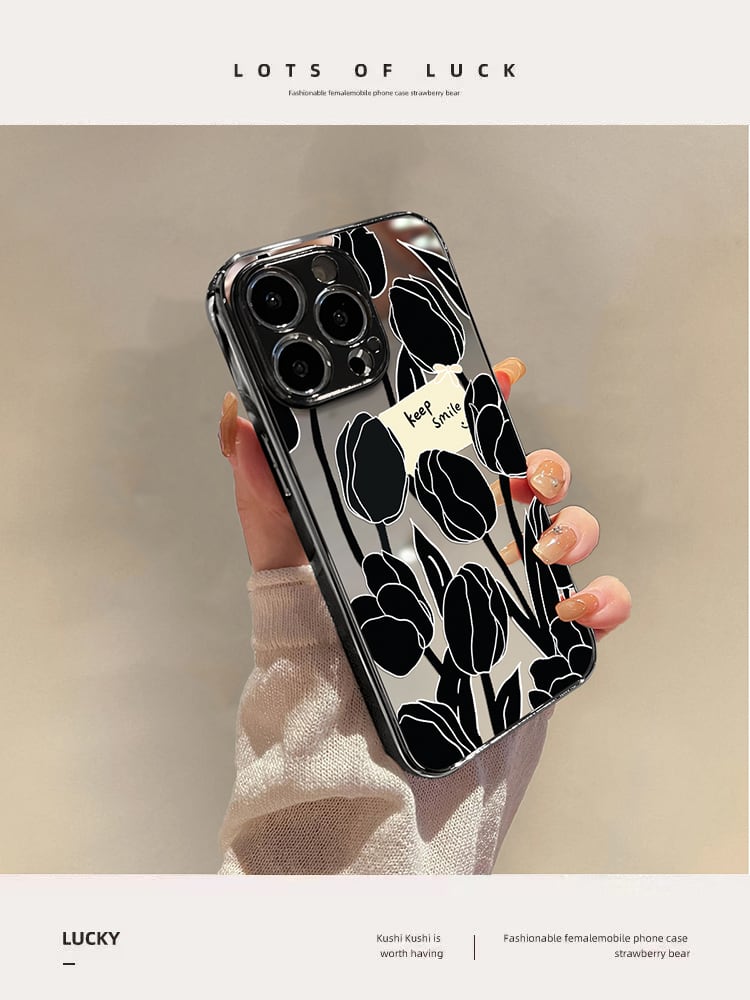 人気のブラックチューリップ◎背面ミラー iPhone 韓国ケース かわいい