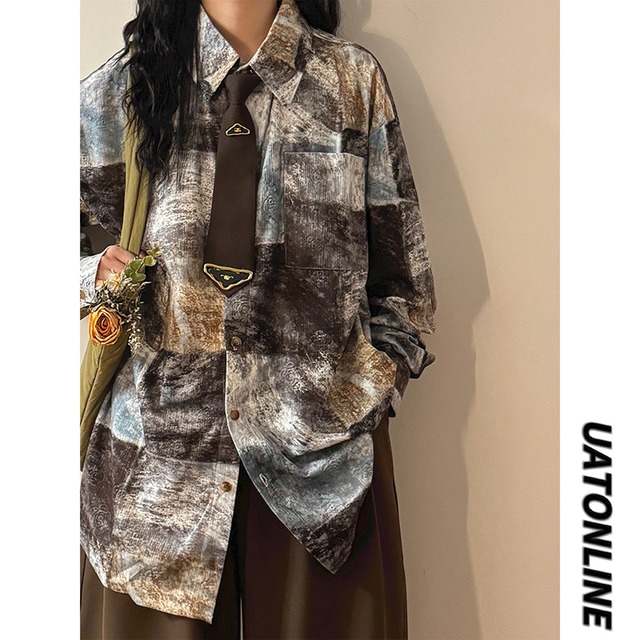 【UATONLINEシリーズ】★シャツ★ ネクタイ付きシャツ トップス 長袖 油絵風 男女兼用 メンズ 配色