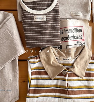 【Aosta】MomentボーダーリブTシャツ ブラウン 70~100cm