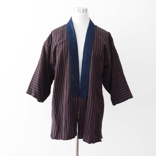 野良着 藍染襟 着物 木綿 縞模様 ジャパンヴィンテージ 昭和 | Noragi Jacket Indigo Dyed Collar Kimono Cotton Japan Vintage