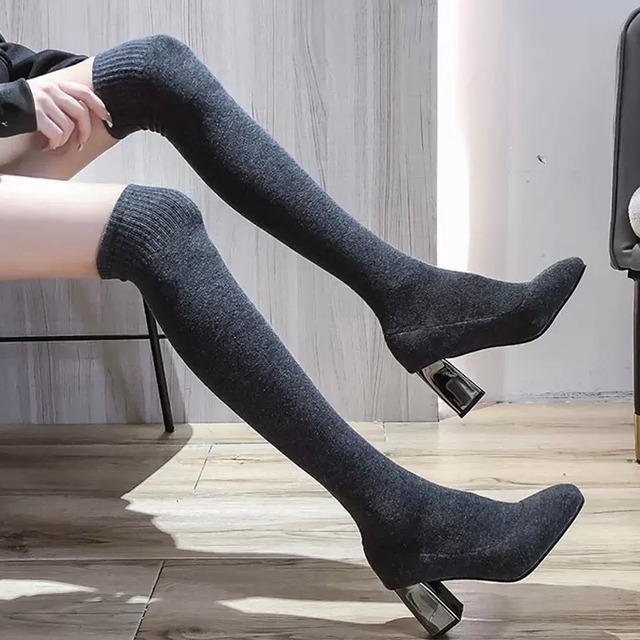 silver heel socks knee high boots